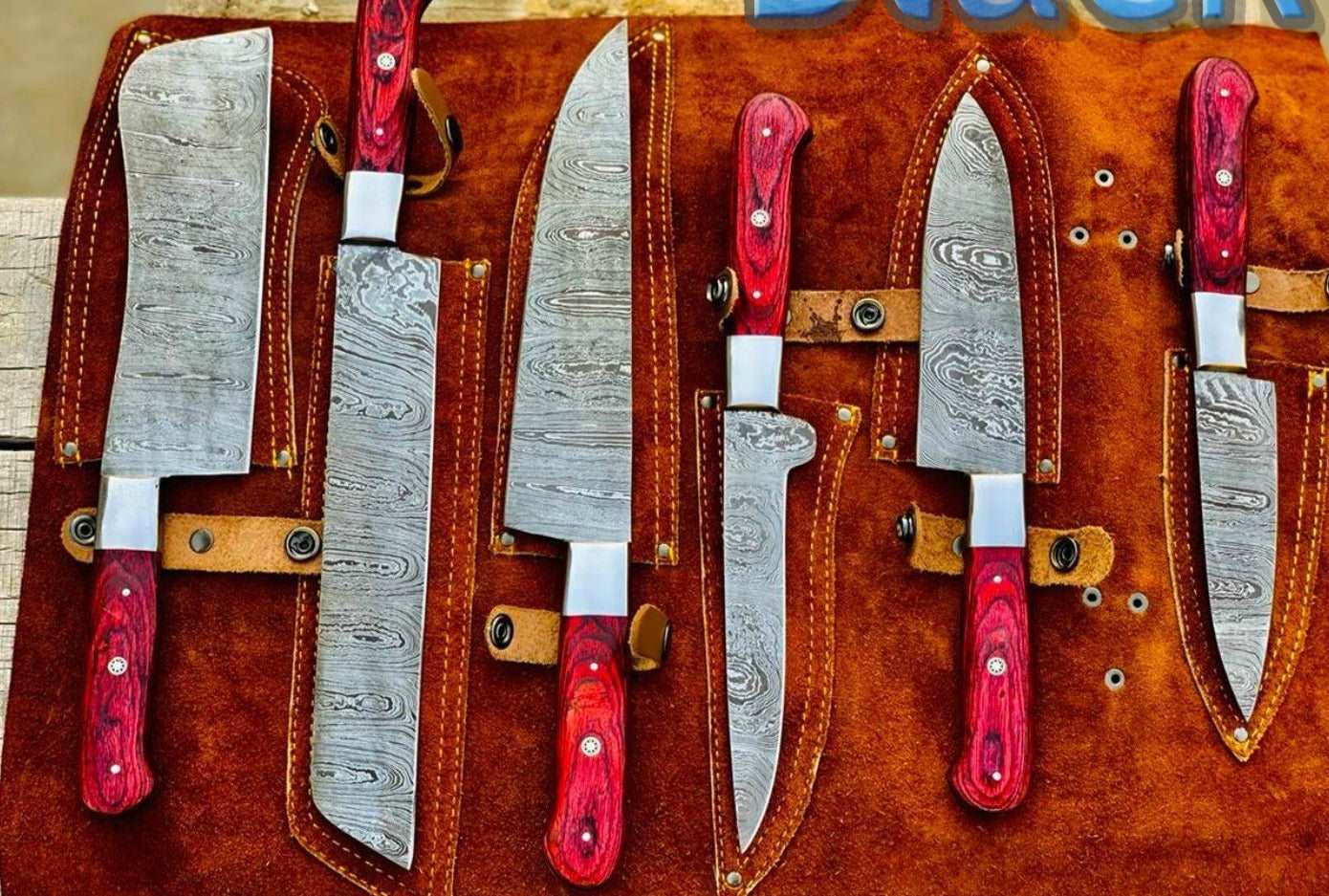 Beautiful Custom Blue hand made Damascus steel kitchen knives set 06 All - Troy Blades