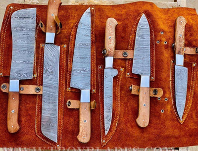 Beautiful Custom Blue hand made Damascus steel kitchen knives set 06 All - Troy Blades