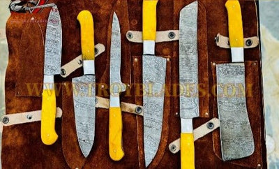 Beautiful Custom Blue hand made Damascus steel kitchen knives set 06 All - Troy Blades