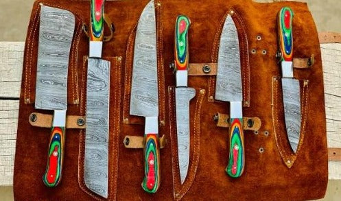 Beautiful Custom Blue hand made Damascus steel kitchen knives set 06 All - Troy Blades