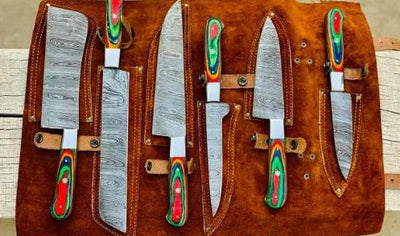 Beautiful Custom Blue hand made Damascus steel kitchen knives set 06 All - Troy Blades