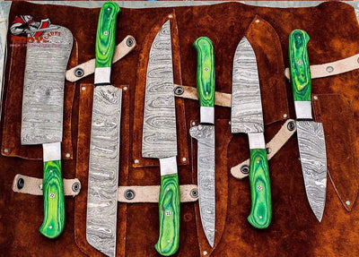 Beautiful Custom Blue hand made Damascus steel kitchen knives set 06 All - Troy Blades