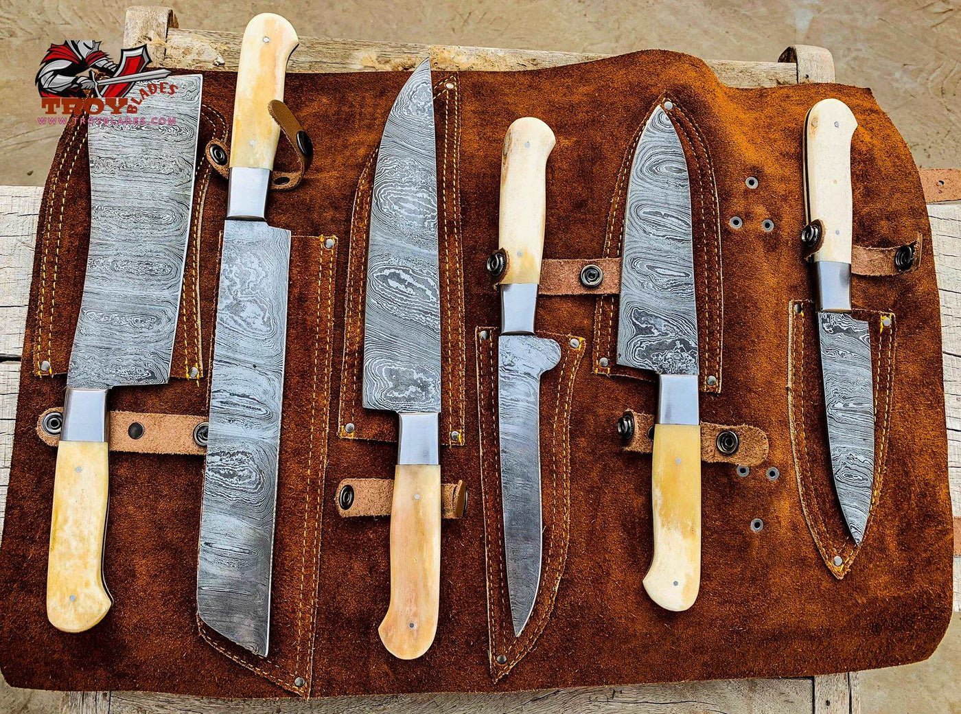 Beautiful Custom hand made Damascus steel kitchen knives set 06 - Troy Blades