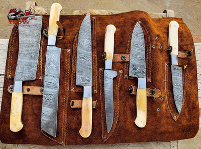 Beautiful Custom hand made Damascus steel kitchen knives set 06 - Troy Blades