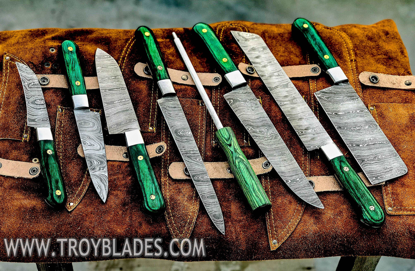 Custom hand made Damascus steel kitchen knives set 1081gr - Troy Blades