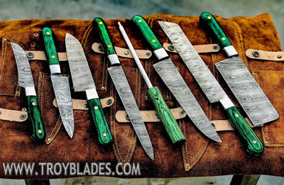 Custom hand made Damascus steel kitchen knives set 1081gr - Troy Blades