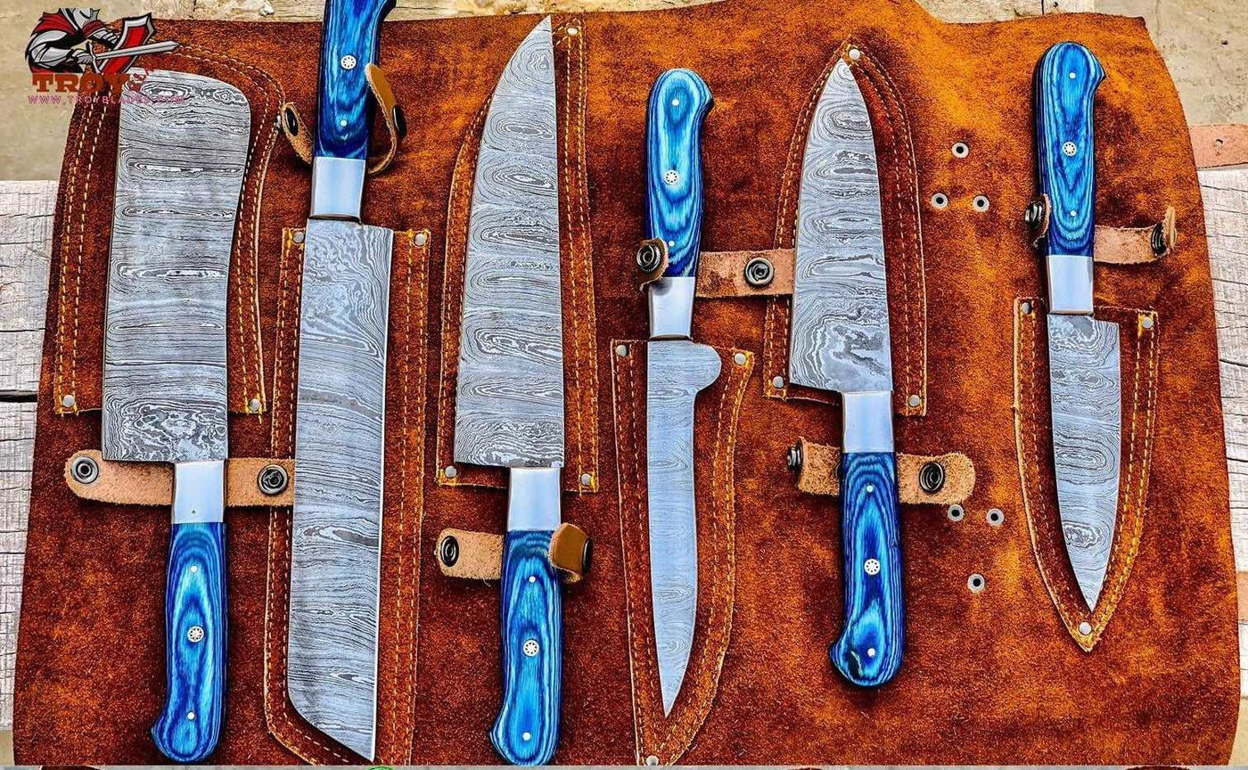 Beautiful Custom Blue hand made Damascus steel kitchen knives set 06 All - Troy Blades