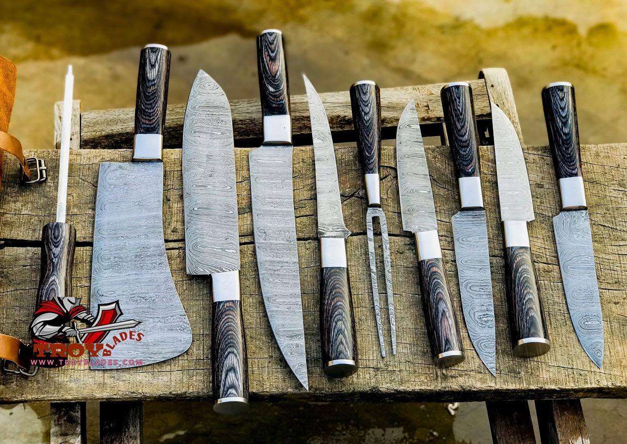 Beautiful Custom Handmade Damascus BBQ/kitchen knives 09 pcs - Troy Blades