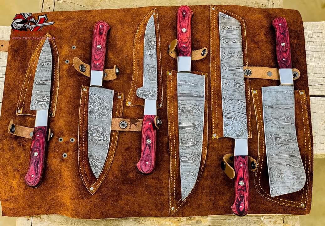 Beautiful Custom hand made Damascus steel kitchen knives set 06 - Troy Blades