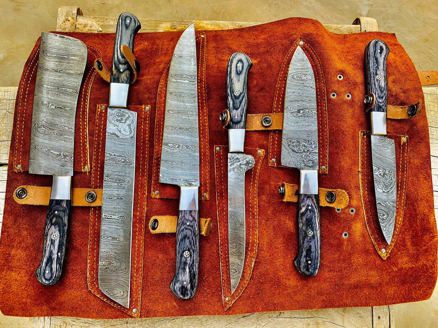 Beautiful Custom hand made Damascus steel kitchen knives set 06 - Troy Blades