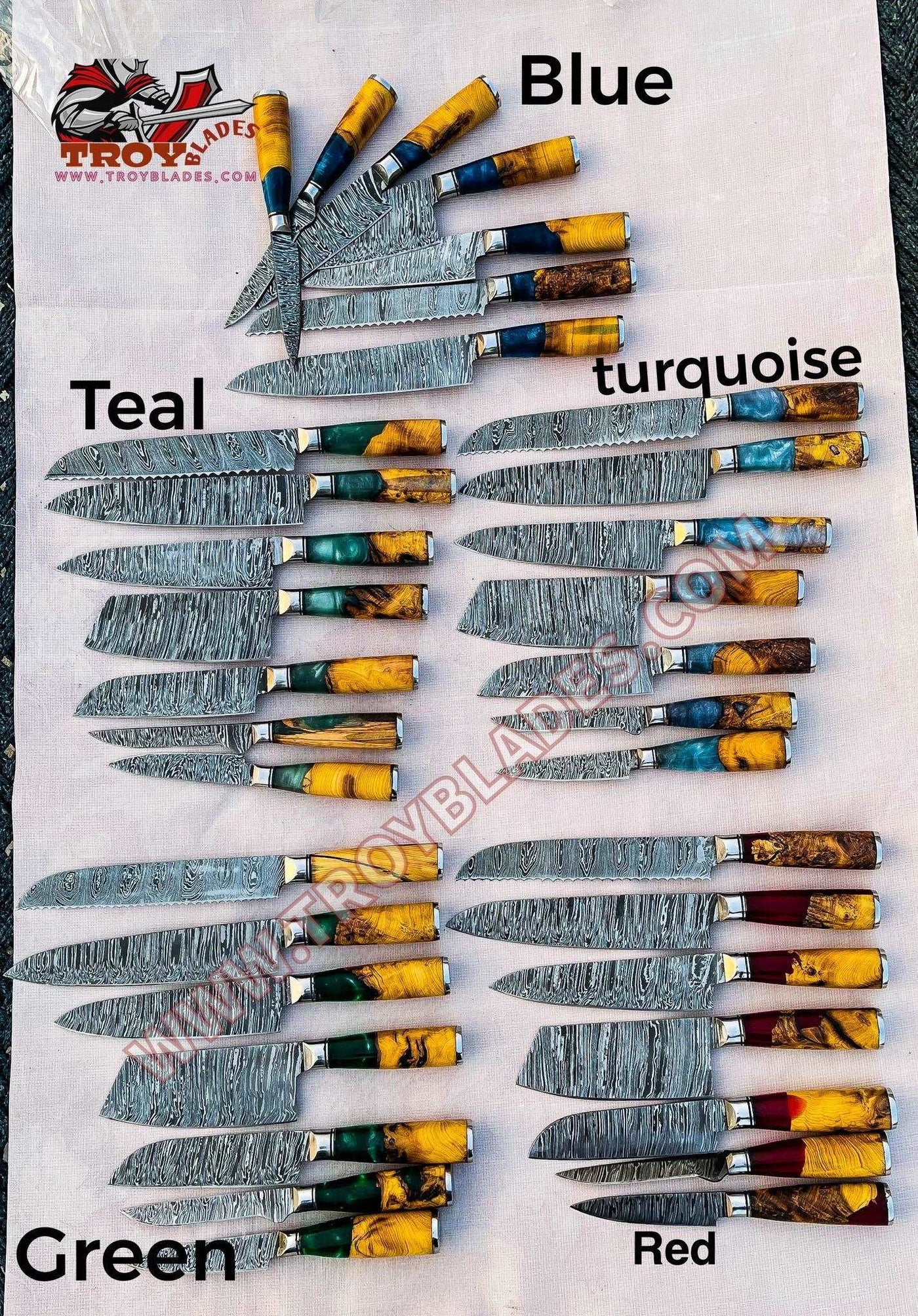 Beautiful Custom hand made Damascus steel kitchen knives set 07 - Troy Blades