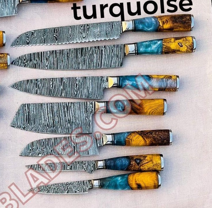 Beautiful Custom hand made Damascus steel kitchen knives set 07 - Troy Blades