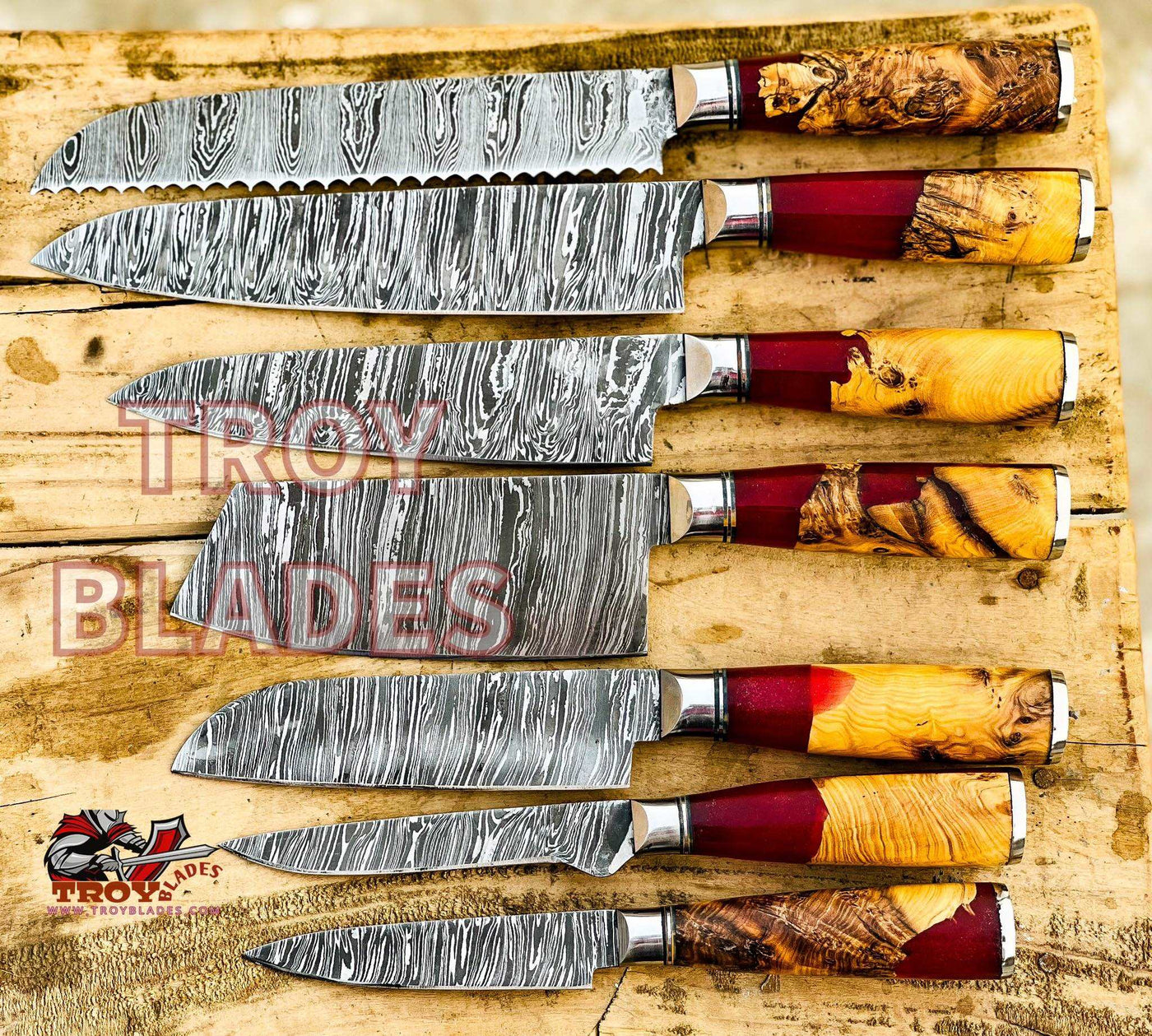 Beautiful Custom hand made Damascus steel kitchen knives set 07 - Troy Blades