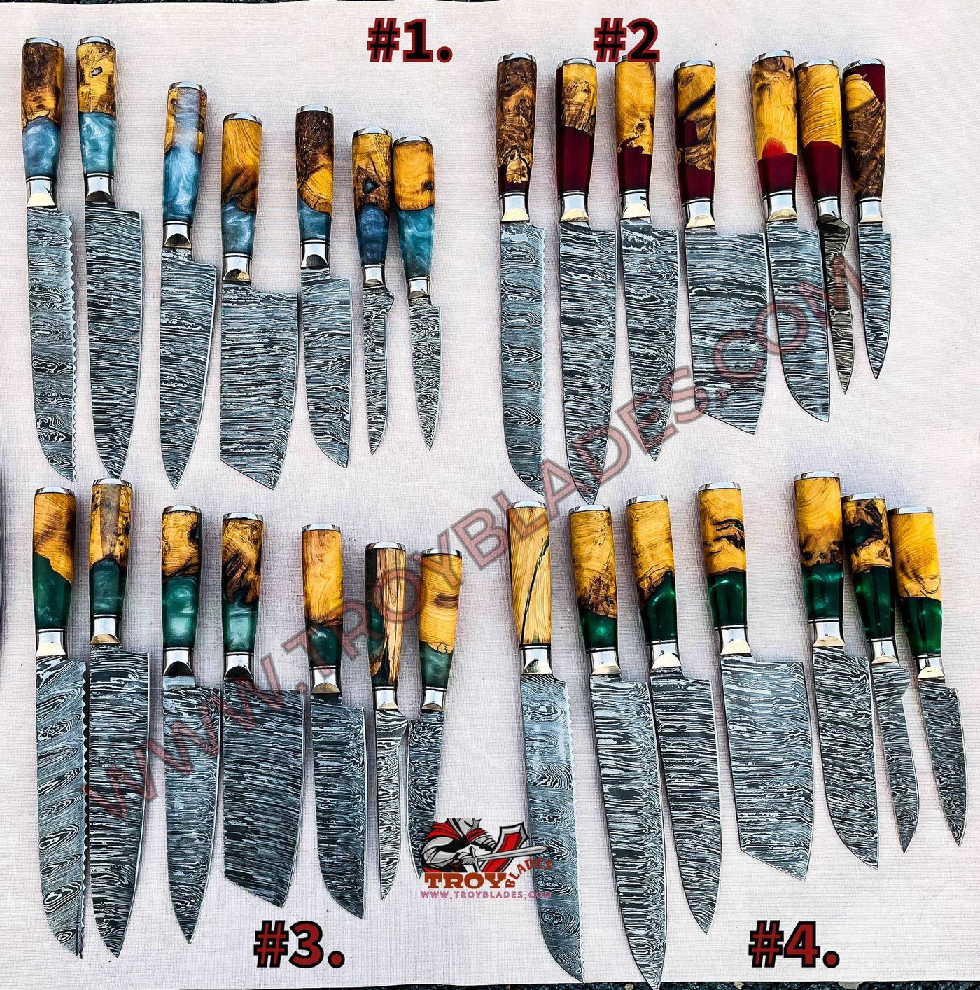 Beautiful Custom hand made Damascus steel kitchen knives set 07 - Troy Blades