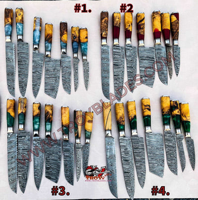 Beautiful Custom hand made Damascus steel kitchen knives set 07 - Troy Blades