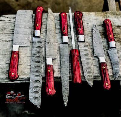 Custom hand made Damascus steel kitchen knives set - Troy Blades