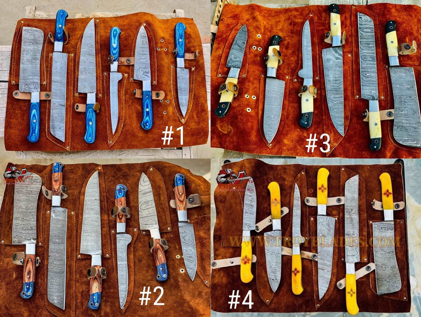 Beautiful Custom hand made Damascus steel kitchen knives sets Deal 006 - Troy Blades