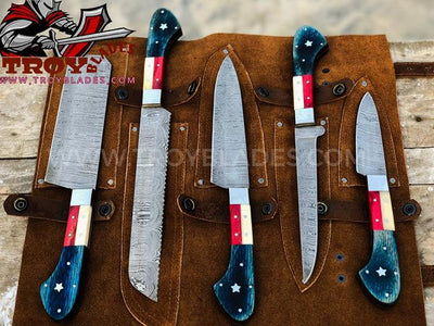 Texas Flag Handles Custom Handmade Damascus Outdoor Kitchen/BBq knives set - Troy Blades