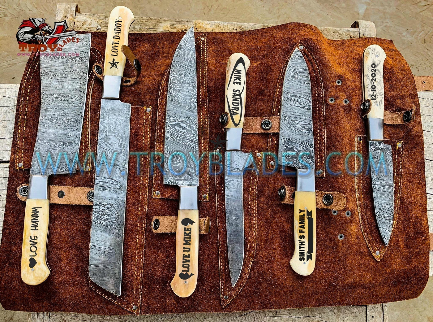 Engraved Beautiful Custom hand made Damascus steel kitchen knives set 06 - Troy Blades