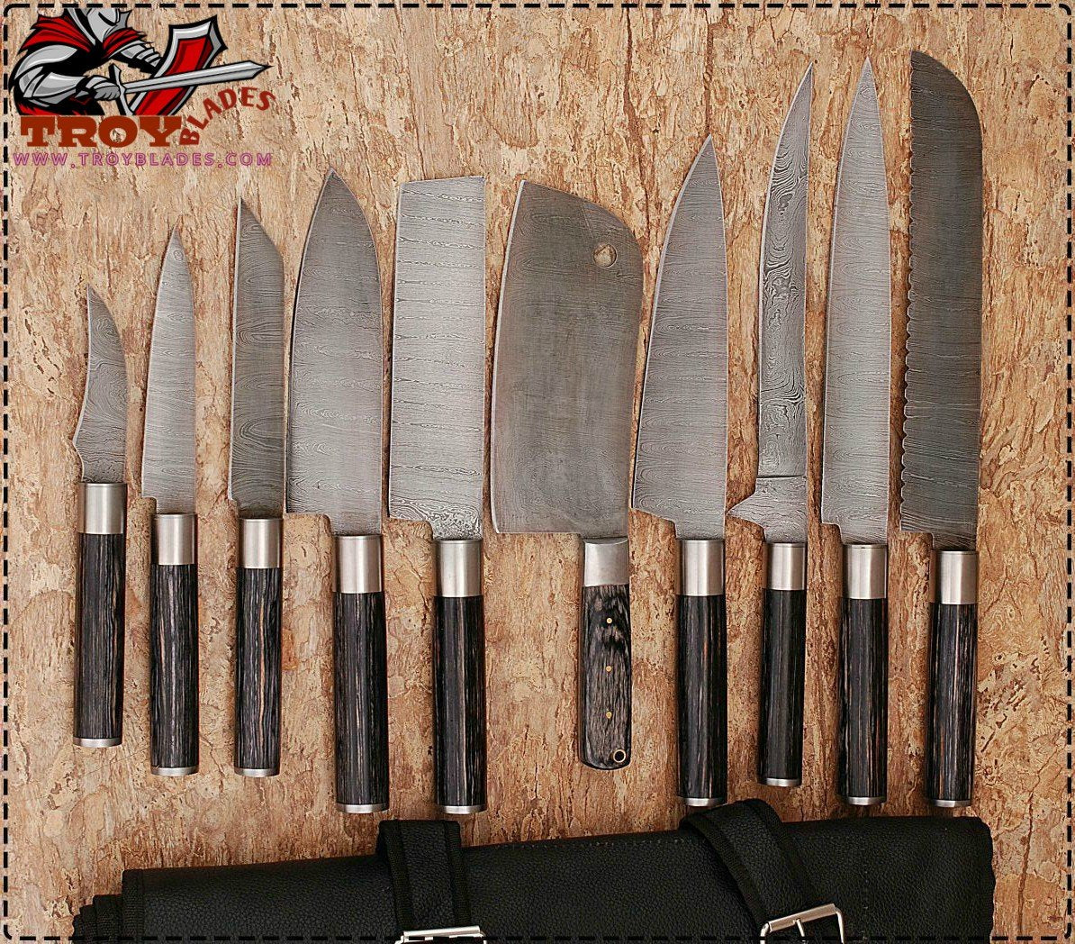 Custom hand made Damascus steel kitchen knives set full - Troy Blades