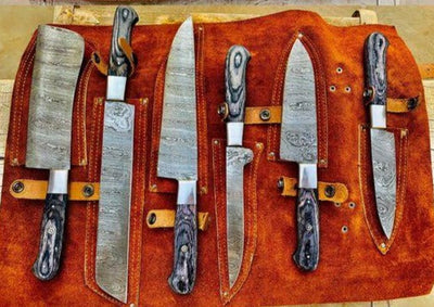Beautiful Custom Blue hand made Damascus steel kitchen knives set 06 All - Troy Blades