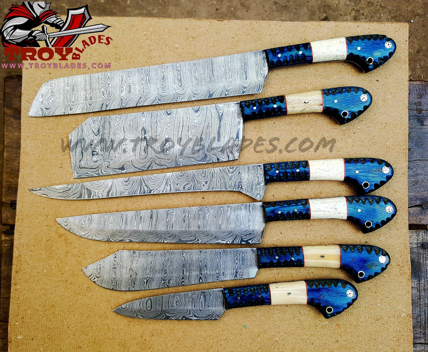 Beautiful Custom Handmade Damascus Kitchen/BBq and Butcher knives set - Troy Blades