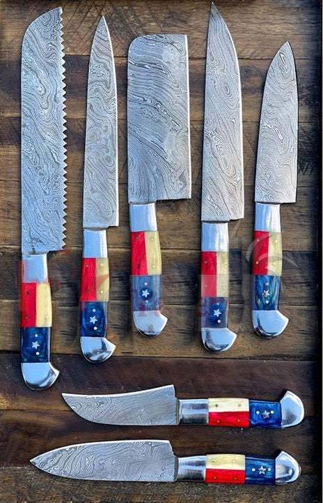 Custom Handmade Damascus Texas Flag Handles Knives set of 7 - Troy Blades