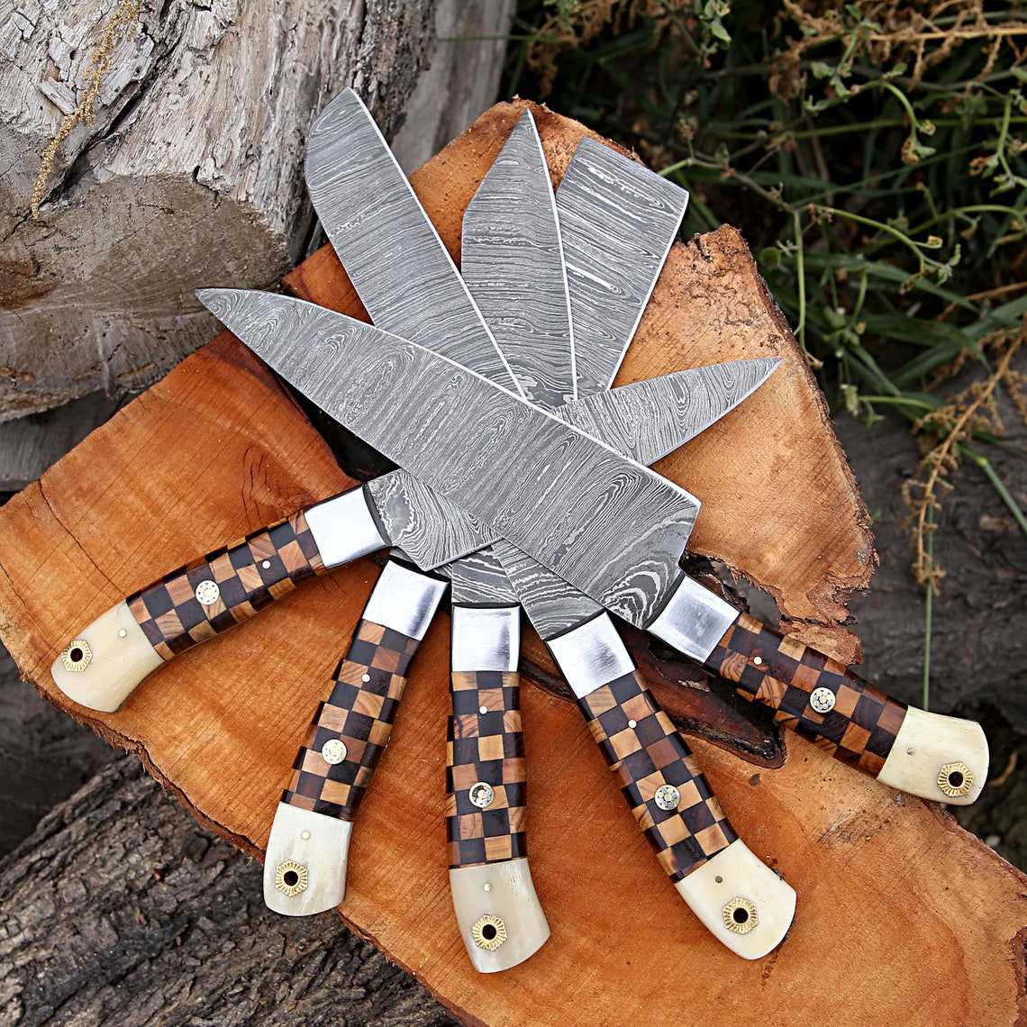 Beautiful Custom hand made Damascus steel kitchen knives set b+w - Troy Blades