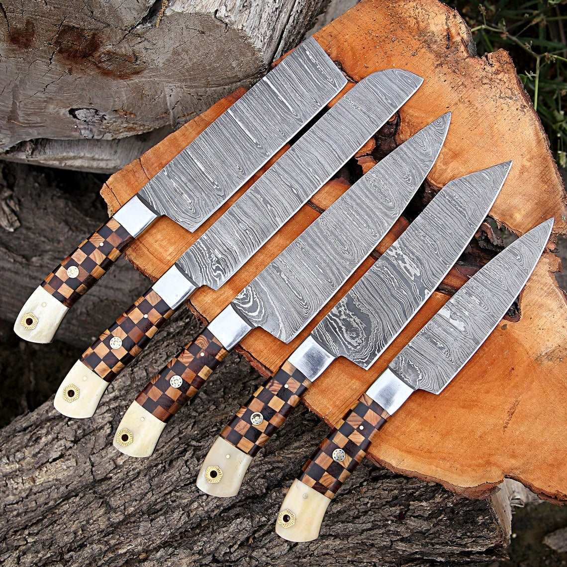 Beautiful Custom hand made Damascus steel kitchen knives set b+w - Troy Blades
