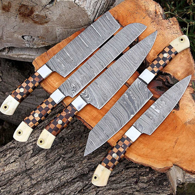 Beautiful Custom hand made Damascus steel kitchen knives set b+w - Troy Blades