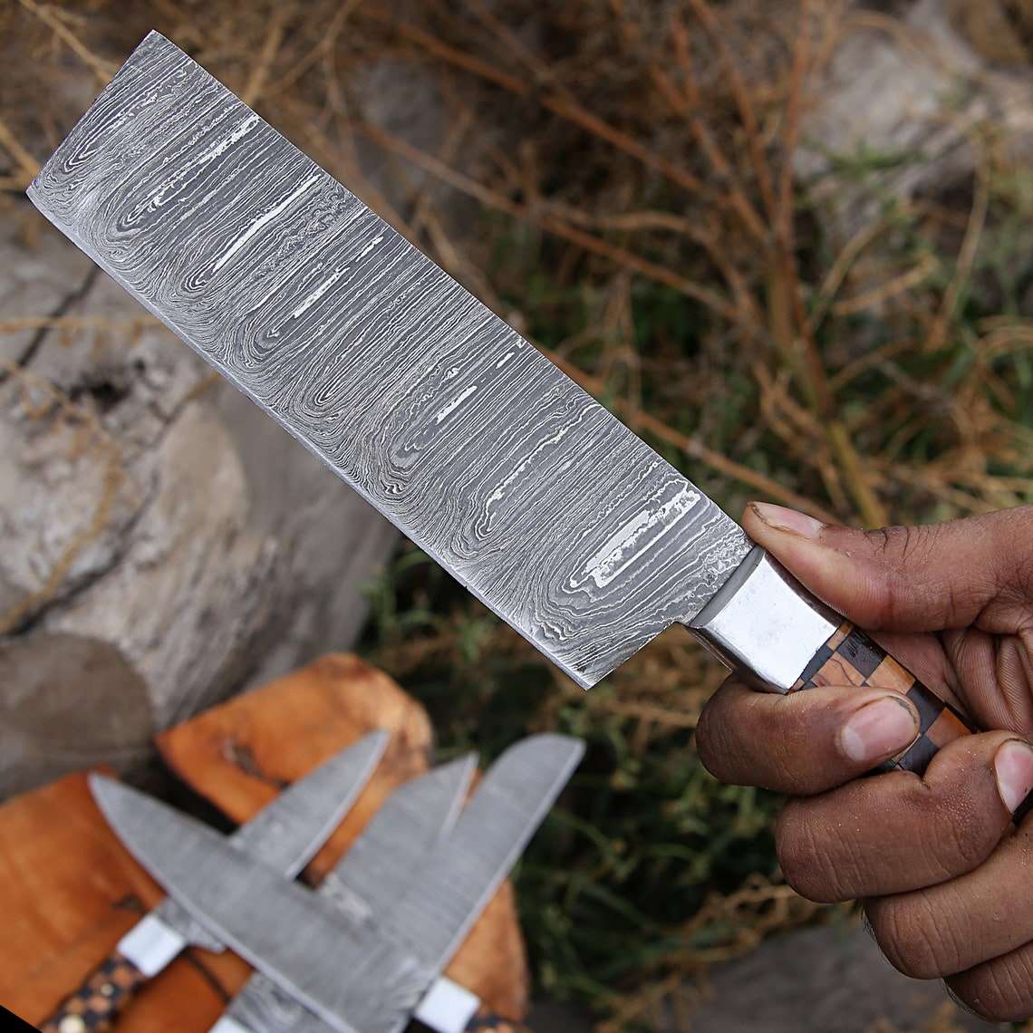 Beautiful Custom hand made Damascus steel kitchen knives set b+w - Troy Blades