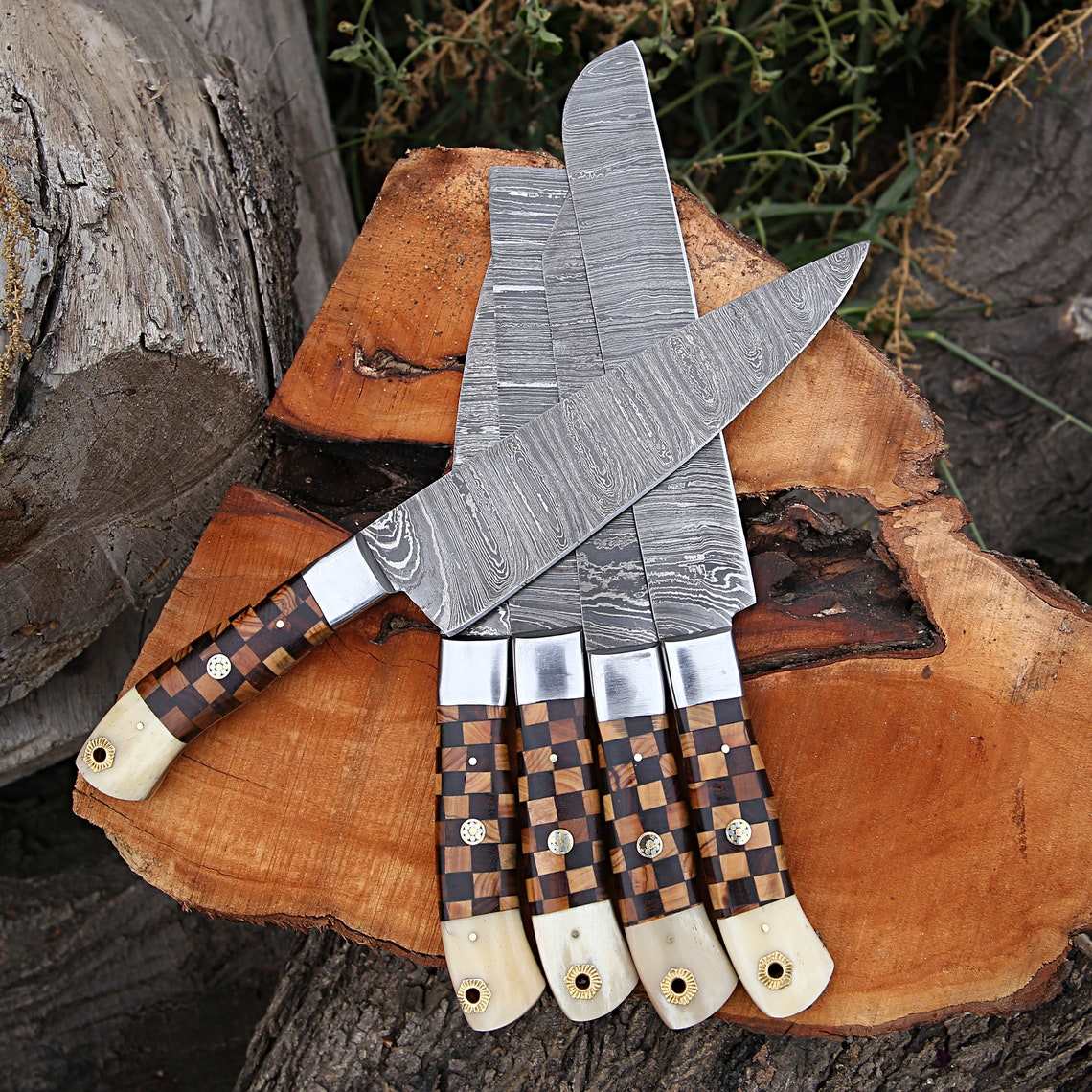 Beautiful Custom hand made Damascus steel kitchen knives set b+w - Troy Blades