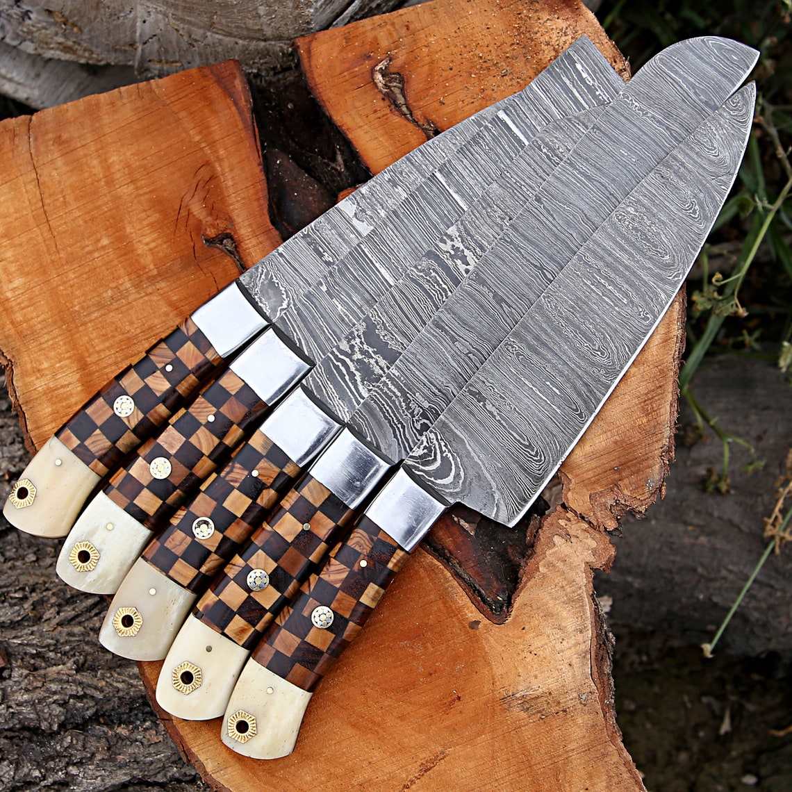 Beautiful Custom hand made Damascus steel kitchen knives set b+w - Troy Blades