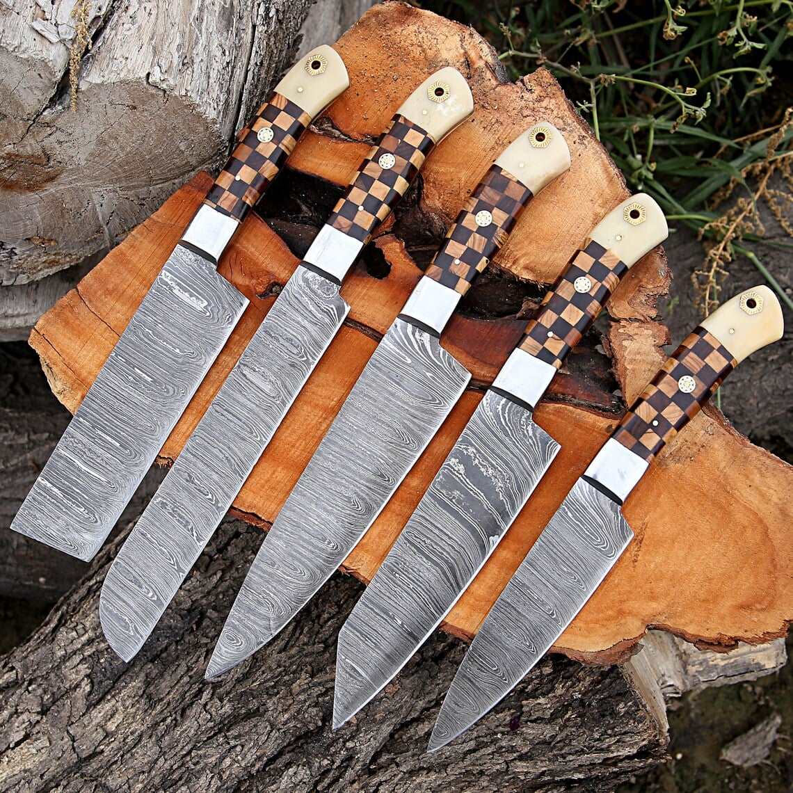 Beautiful Custom hand made Damascus steel kitchen knives set b+w - Troy Blades