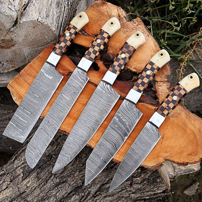 Beautiful Custom hand made Damascus steel kitchen knives set b+w - Troy Blades
