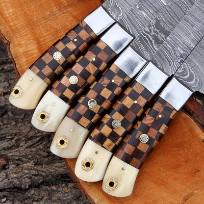 Beautiful Custom hand made Damascus steel kitchen knives set b+w - Troy Blades