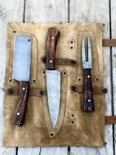 Custom made Damascus kitchen/BBQ knives set of 3 - Troy Blades