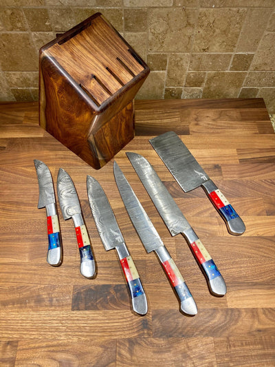 Custom Handmade Damascus Texas Flag Handles Knives set of 7 - Troy Blades