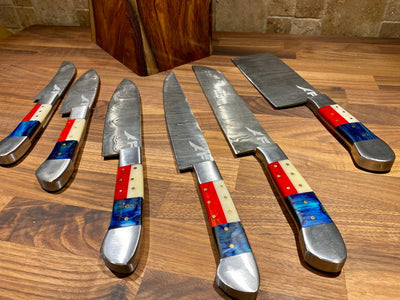 Custom Handmade Damascus Texas Flag Handles Knives set of 7 - Troy Blades