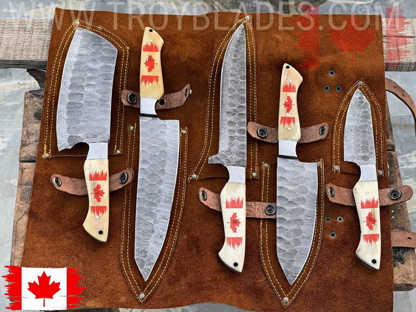 Canada Flag Engraved HAND FORGED DAMASCUS STEEL CHEF KNIFE Set Kitchen Knives -Pro5 - Troy Blades