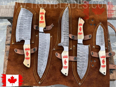 Canada Flag Engraved HAND FORGED DAMASCUS STEEL CHEF KNIFE Set Kitchen Knives -Pro5 - Troy Blades