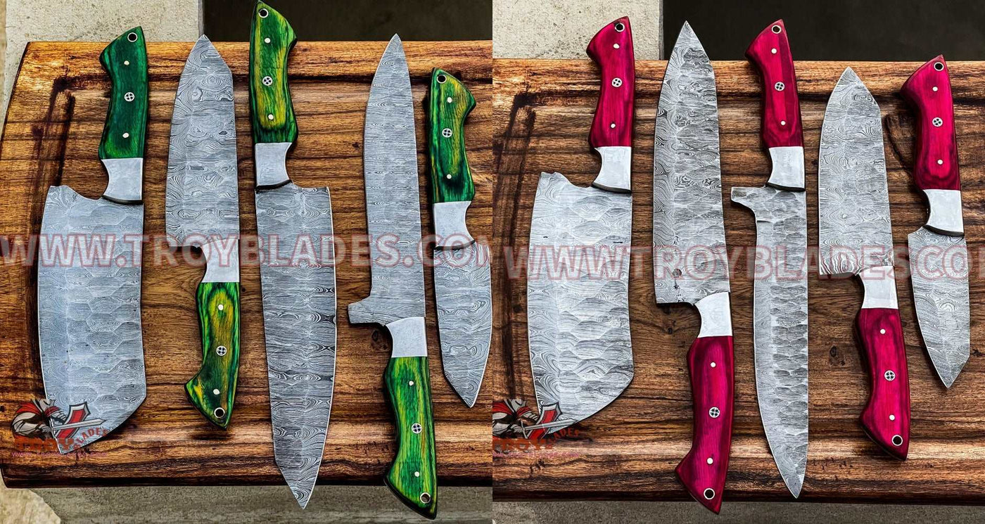 Beautiful Custom hand made Damascus steel kitchen knives sets pro5 - Troy Blades