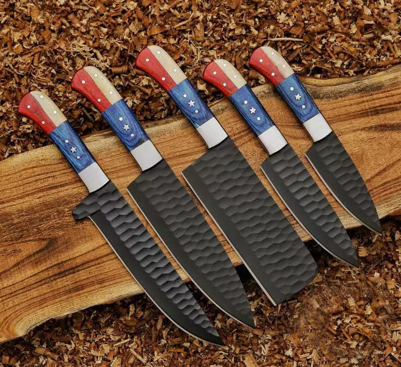 Texas Flag Handles Custom Handmade Damascus Outdoor Kitchen/BBq knives set - Troy Blades