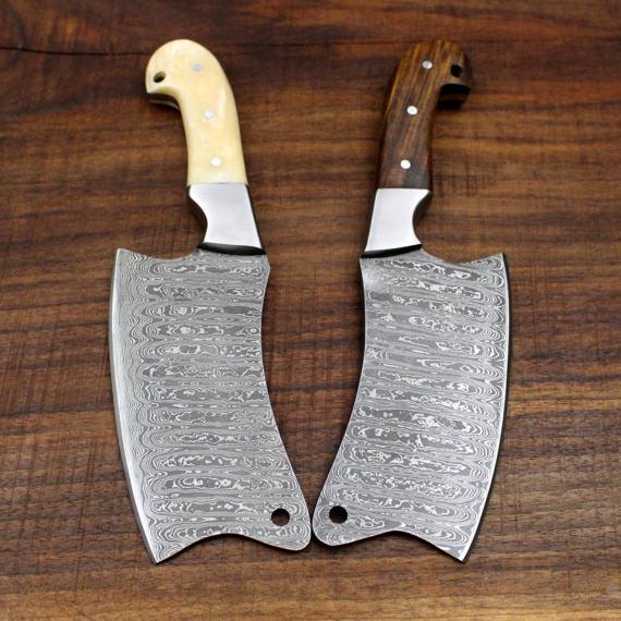 Heavy Duty Damascus Cleavers with Camel Bone and Walnut Wood Scales - 9.5" - Troy Blades