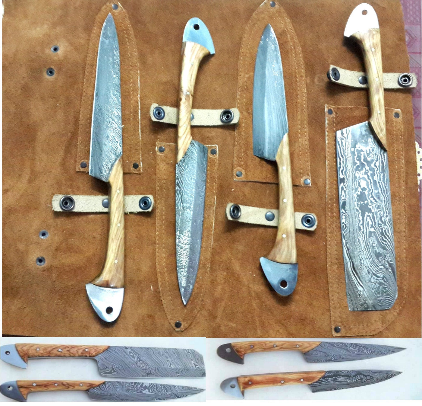 Handmade Damascus Kitchen/BBQ knives set with leather roll - Troy Blades