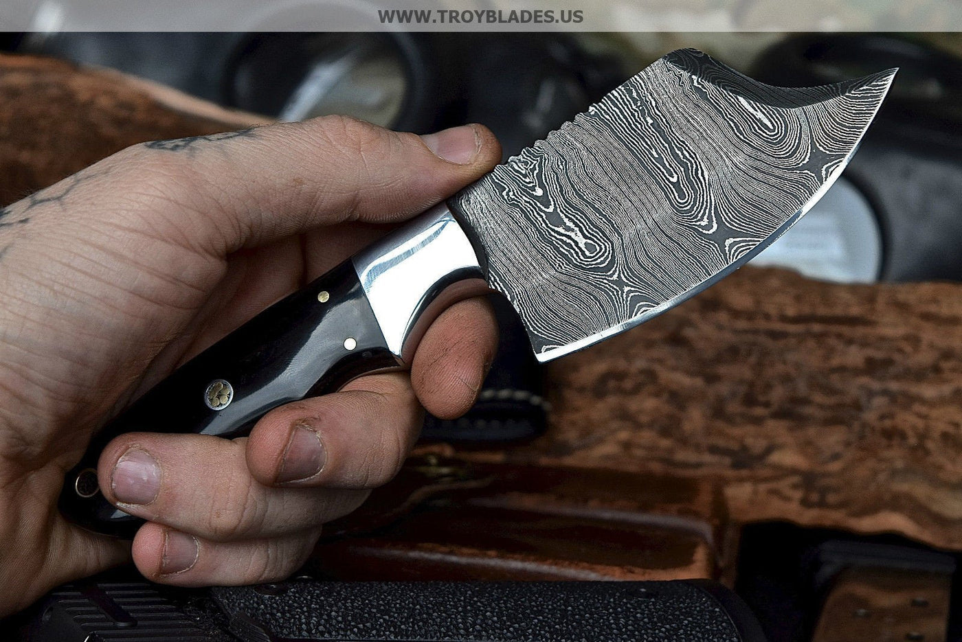 Custom Handmade Twist Damascus Hunter Skinner Buffalo Horn Camp Knife - Troy Blades