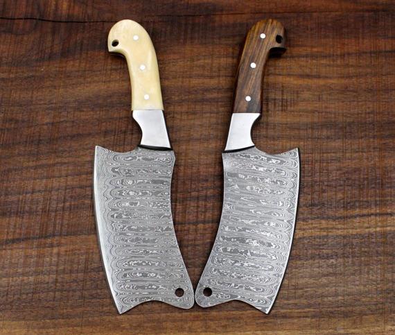 Heavy Duty Damascus Cleavers with Camel Bone and Walnut Wood Scales - 9.5" - Troy Blades