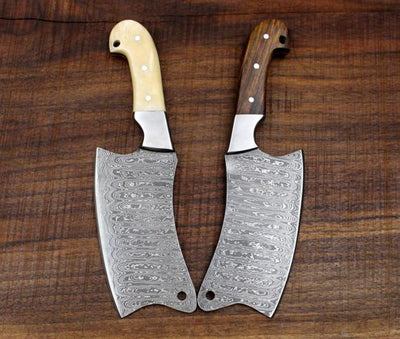 Heavy Duty Damascus Cleavers with Camel Bone and Walnut Wood Scales - 9.5" - Troy Blades