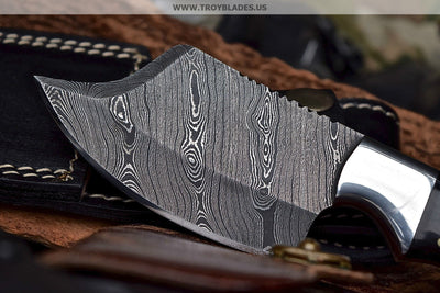 Custom Handmade Twist Damascus Hunter Skinner Buffalo Horn Camp Knife - Troy Blades