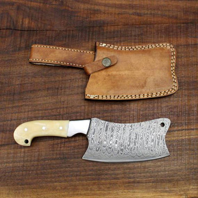 Heavy Duty Damascus Cleaver with Camel Bone Scales - 9.5" - Troy Blades